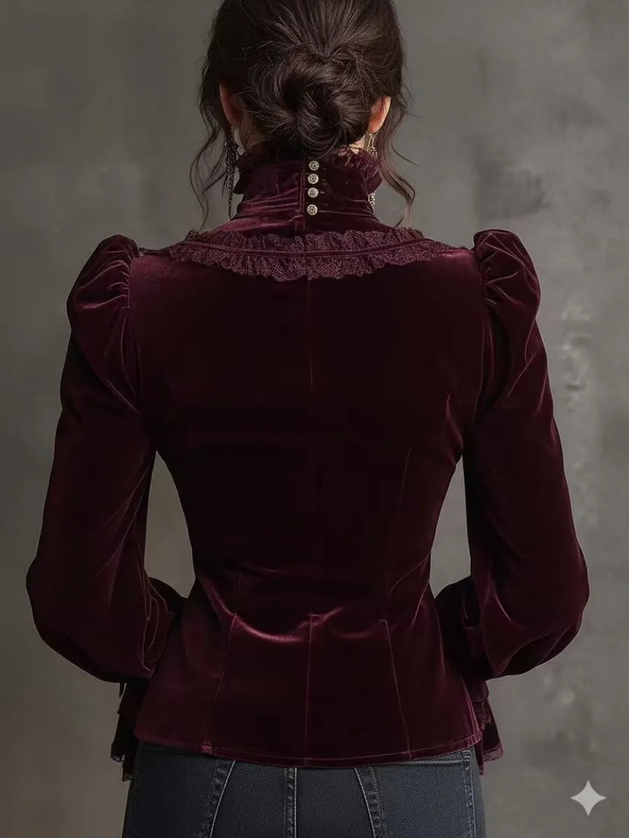 Velvet Lace Stitching Long Sleeve Turtleneck Shirts