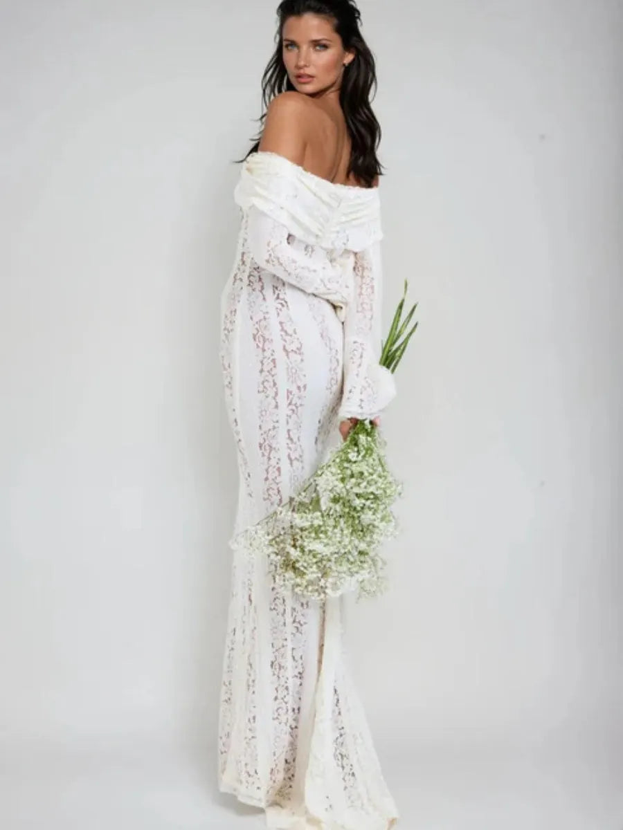 Lace Hollow Off Shoulder Flared Sleeves Hip-hugging Maxi Dresses