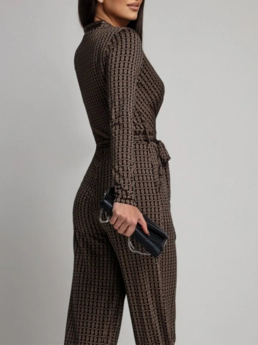 Zebra Print V-neck Long Sleeve Wide-leg Pants Jumpsuits