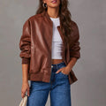 Women's Casual Oversized Faux-Leather Bomber Jacket
