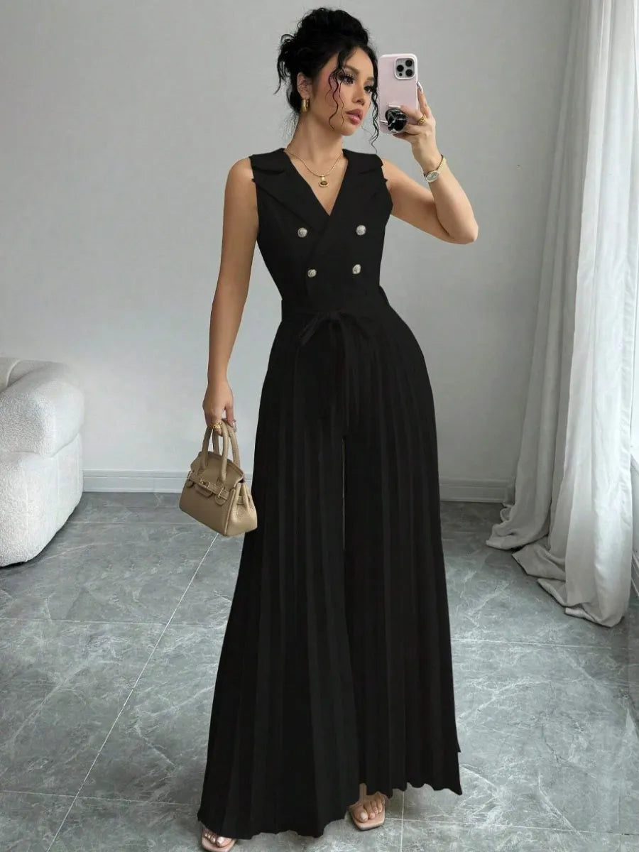 Commuting Suit Collar Pleated Pants Double-breasted Jumpsuits