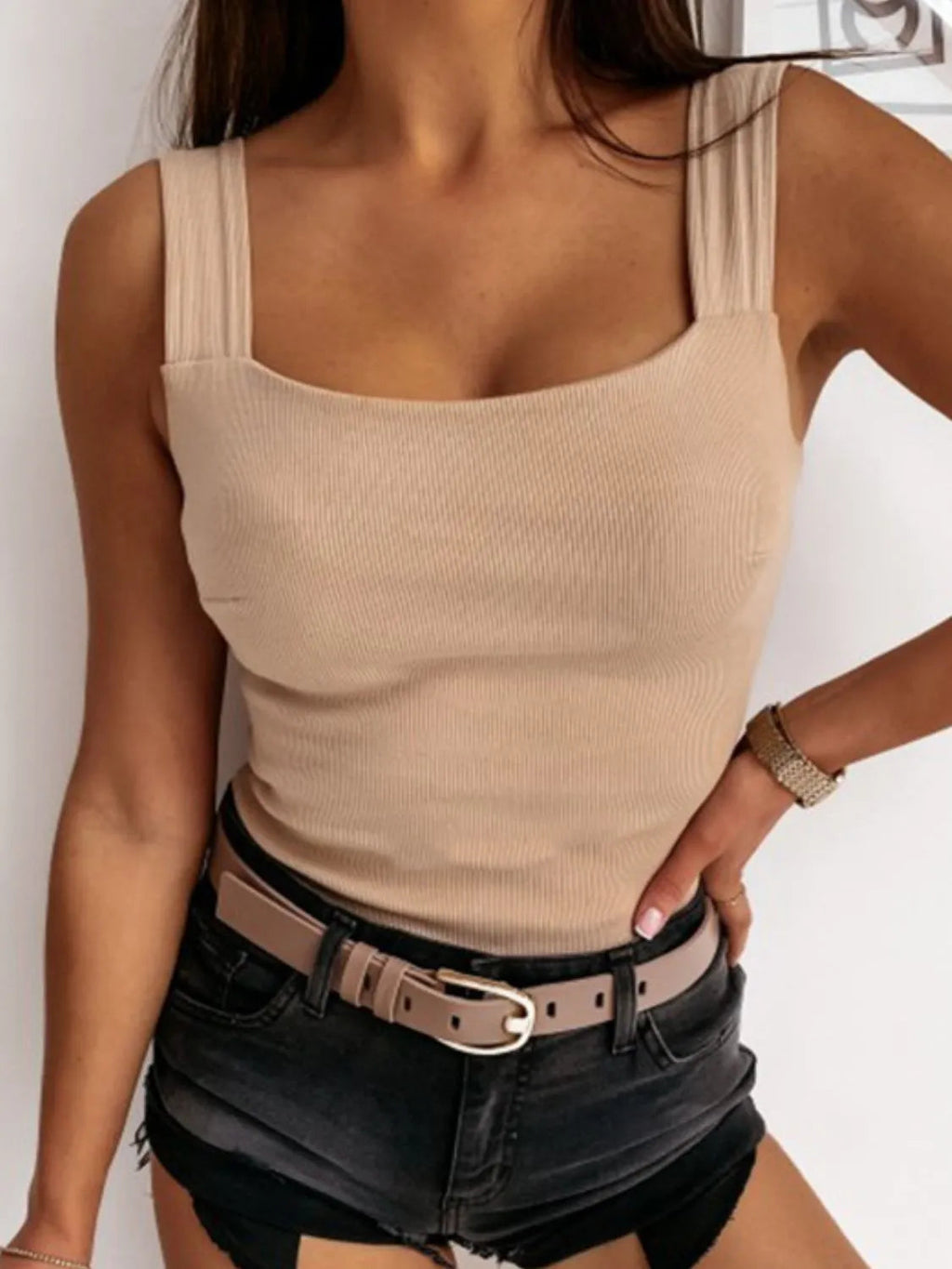 Tank Top Basic Wide Strap Ribbed Knit Slightly Stretchy
