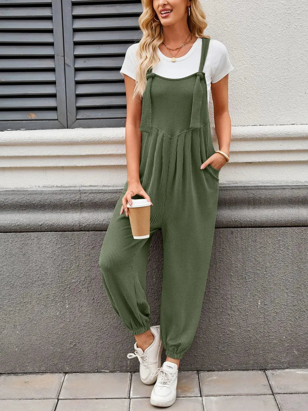 Overalls Knotted Strap Jumpsuit Ribbed Casual Texture