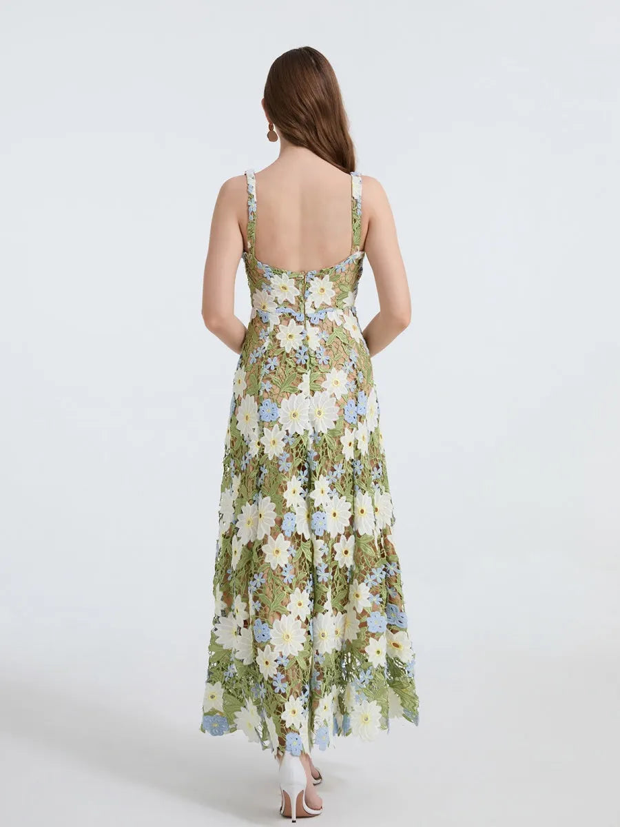 Lace Embroidery Spaghetti Strap Long Dress