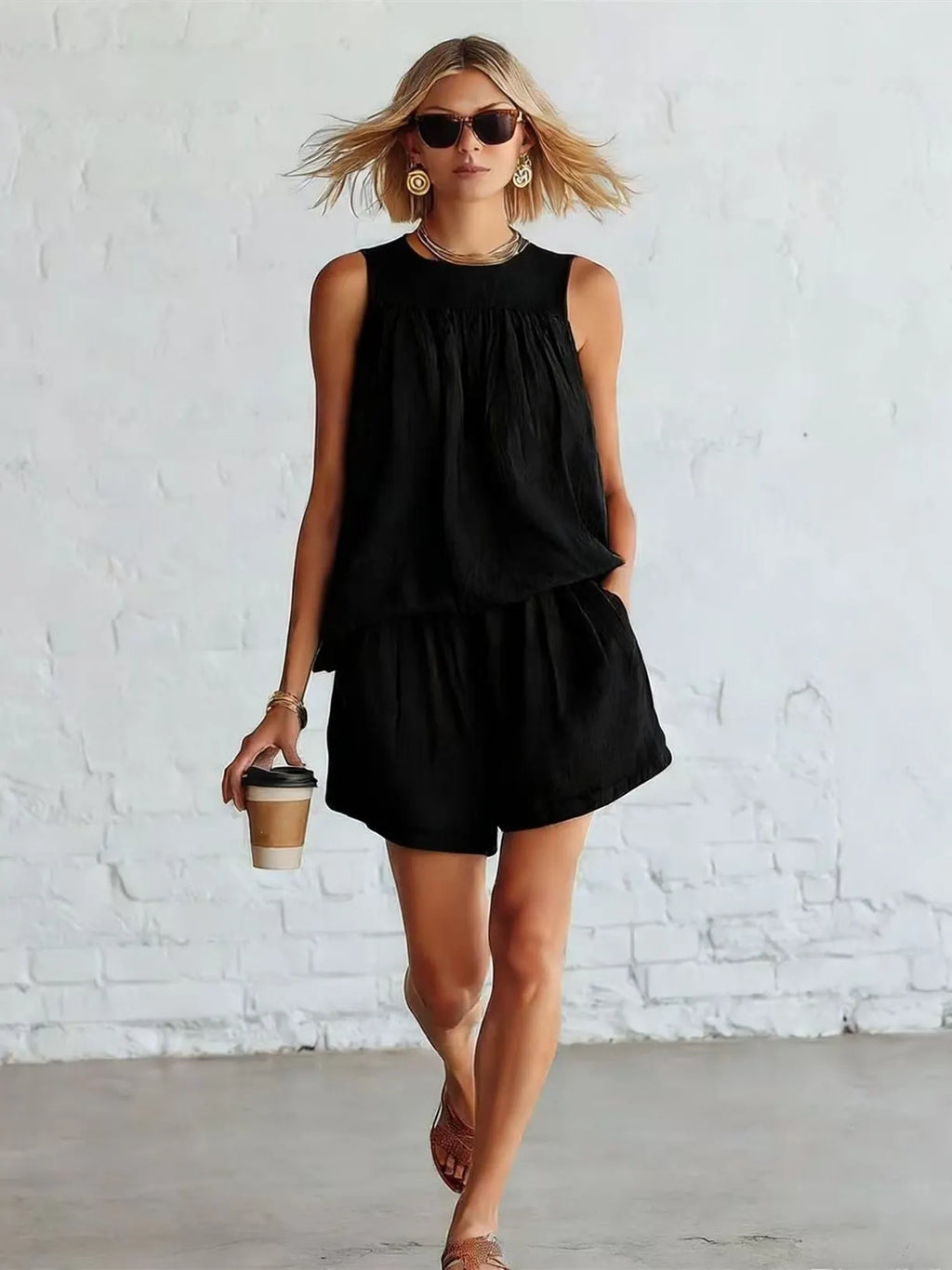 Gathered Solid Color Two-piece Set