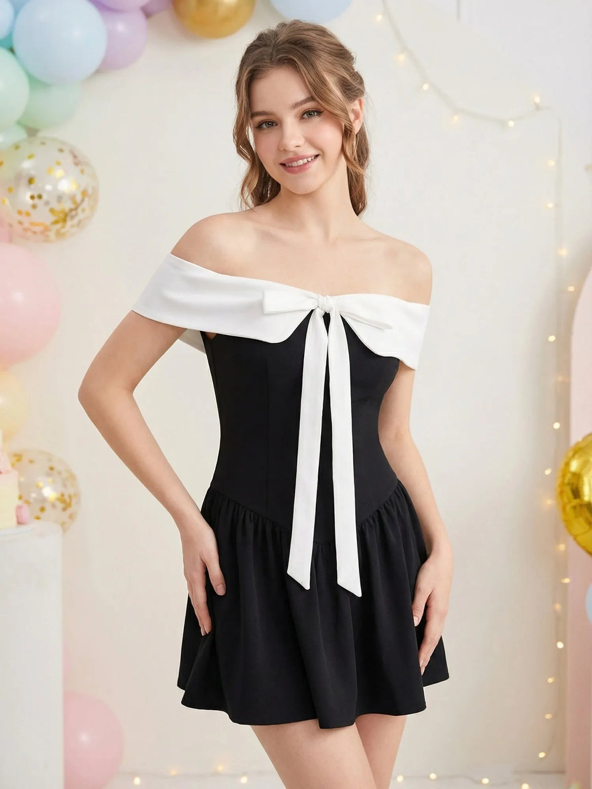 Off-shoulder Bow Waist Tie Short Sleeves Mini&Short Dresses