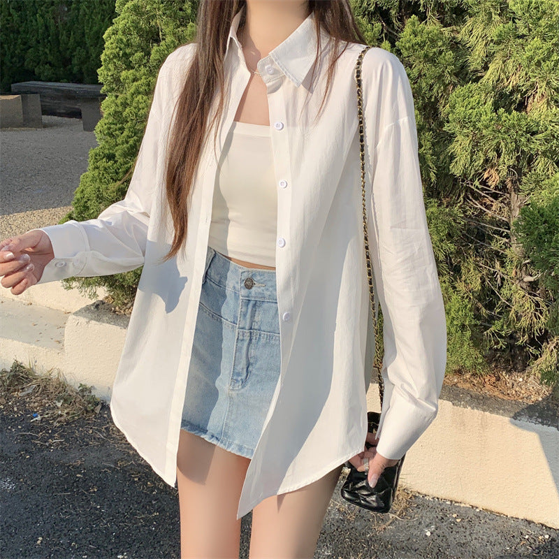 Women Basic Casual Long-Sleeved Shirt Loose Mid-Length Office Blouse