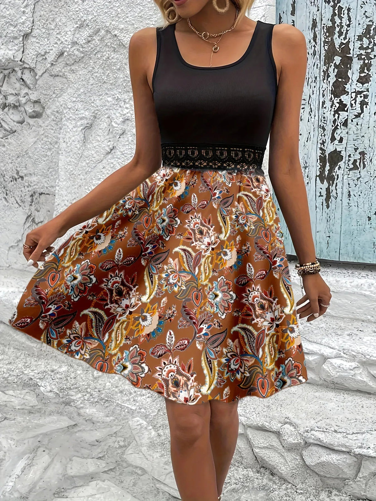 Printed A-Line Tank Dress with Lace Waist