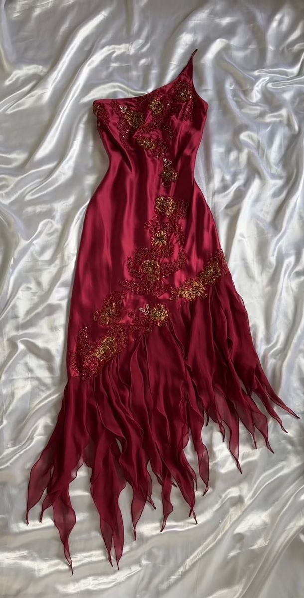 Red one shoulder fashion embroidered floral long elegant satin chiffon ruffle party dress prom dress evening gown