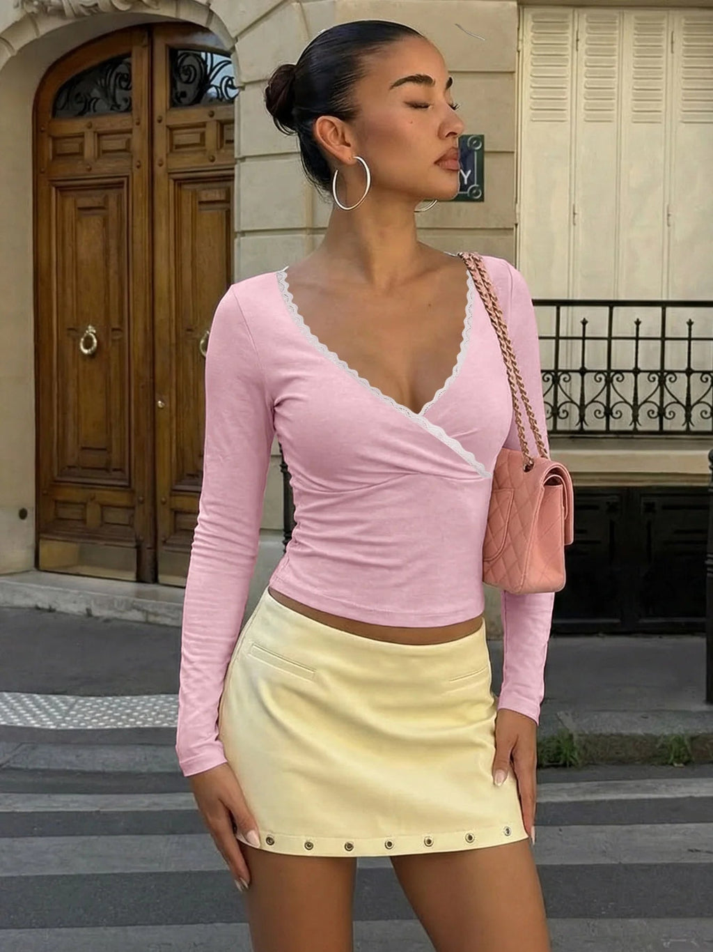 Lace Trim V-Neck Long Sleeve Top