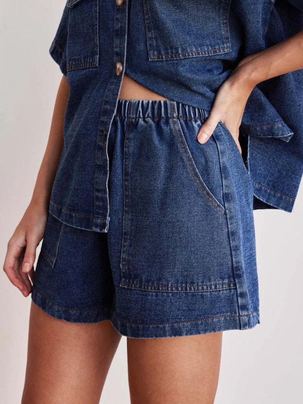 Denim Shorts Elastic Drawstring Casual with Pockets