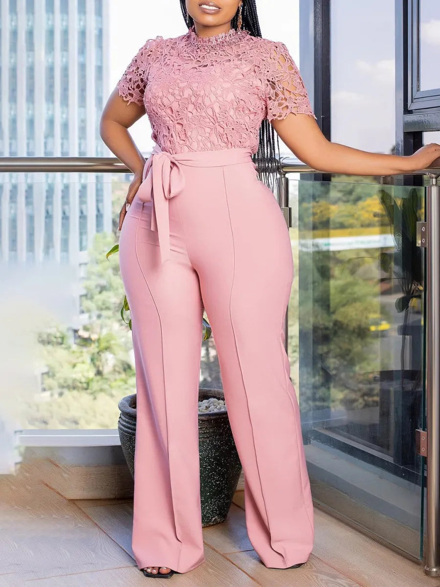 Lace Trim Hollow Short Sleeve Bandage High Waist Wide Leg Jumpsuits