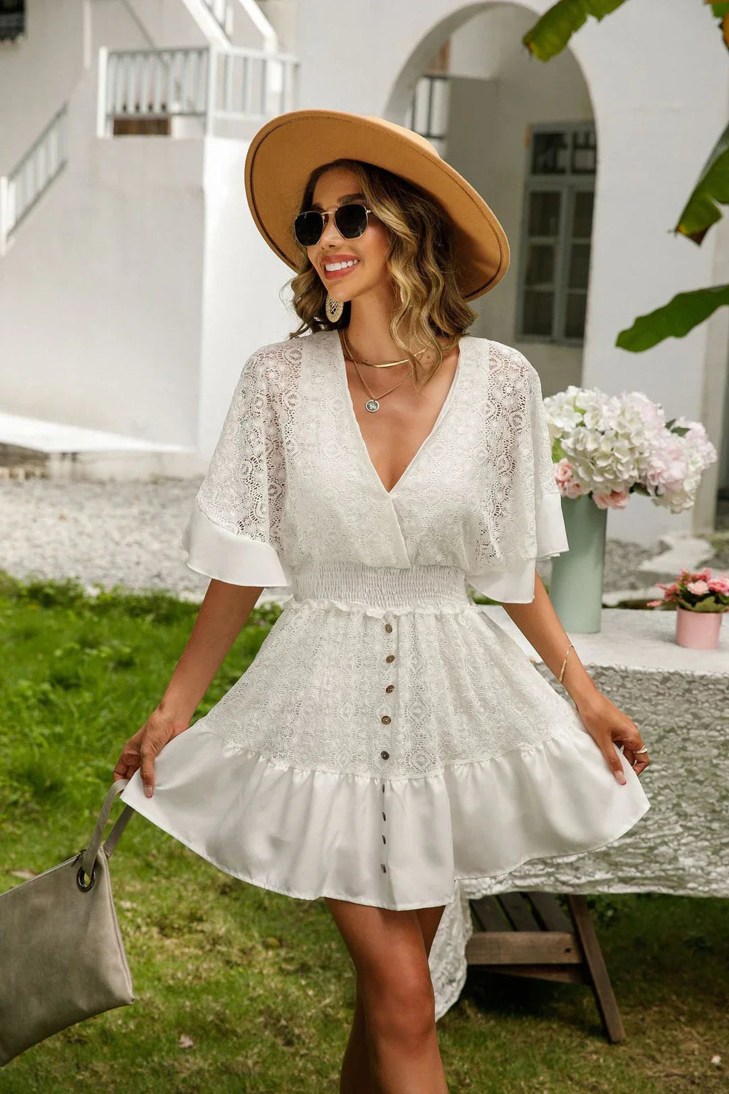Women's Romantic Lace Mini Dress with Buttons and Ruffles