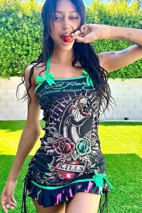 Oil Painting Skull Positioned Bandeau Cami Mini Dress