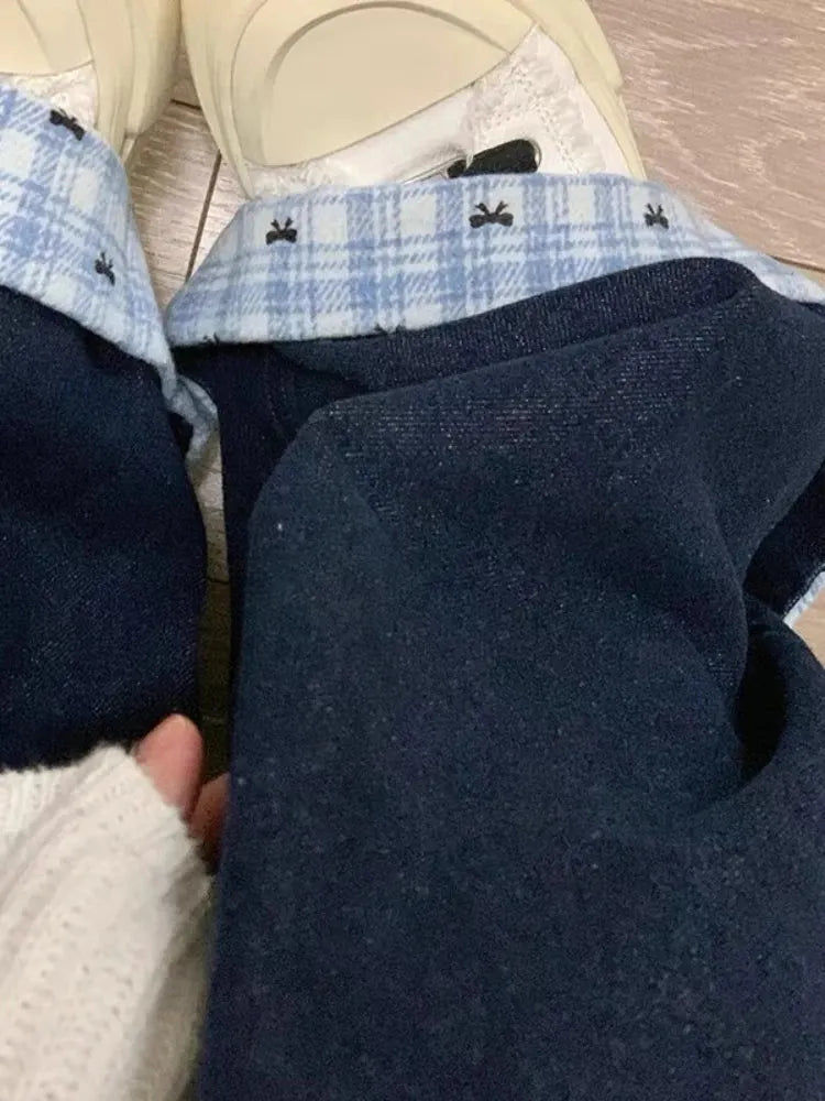 Y2k Embroidery Baggy Jeans Women Vintage Plaid Patchwork Denim Trousers Harajuku Korean Sweet Oversized Jeans Cutecore