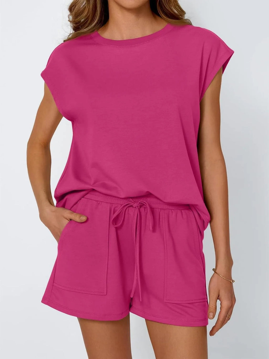 Round Neck Loose Short Sleeve Strappy Pocket Shorts Sports And Leisure 2-piece Sets