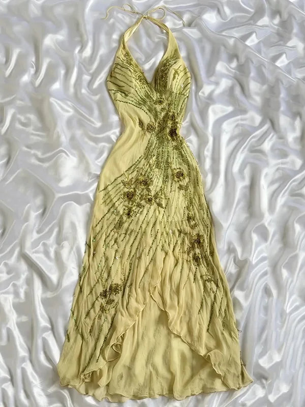 Vintage Halter Gown, Hand-Beaded D Floral Embellished Irregular Hem Evening Dress