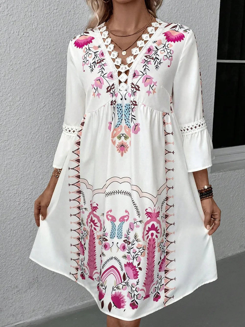 Dress Lace Detail Trendy Printed Semi-Sheer Casual