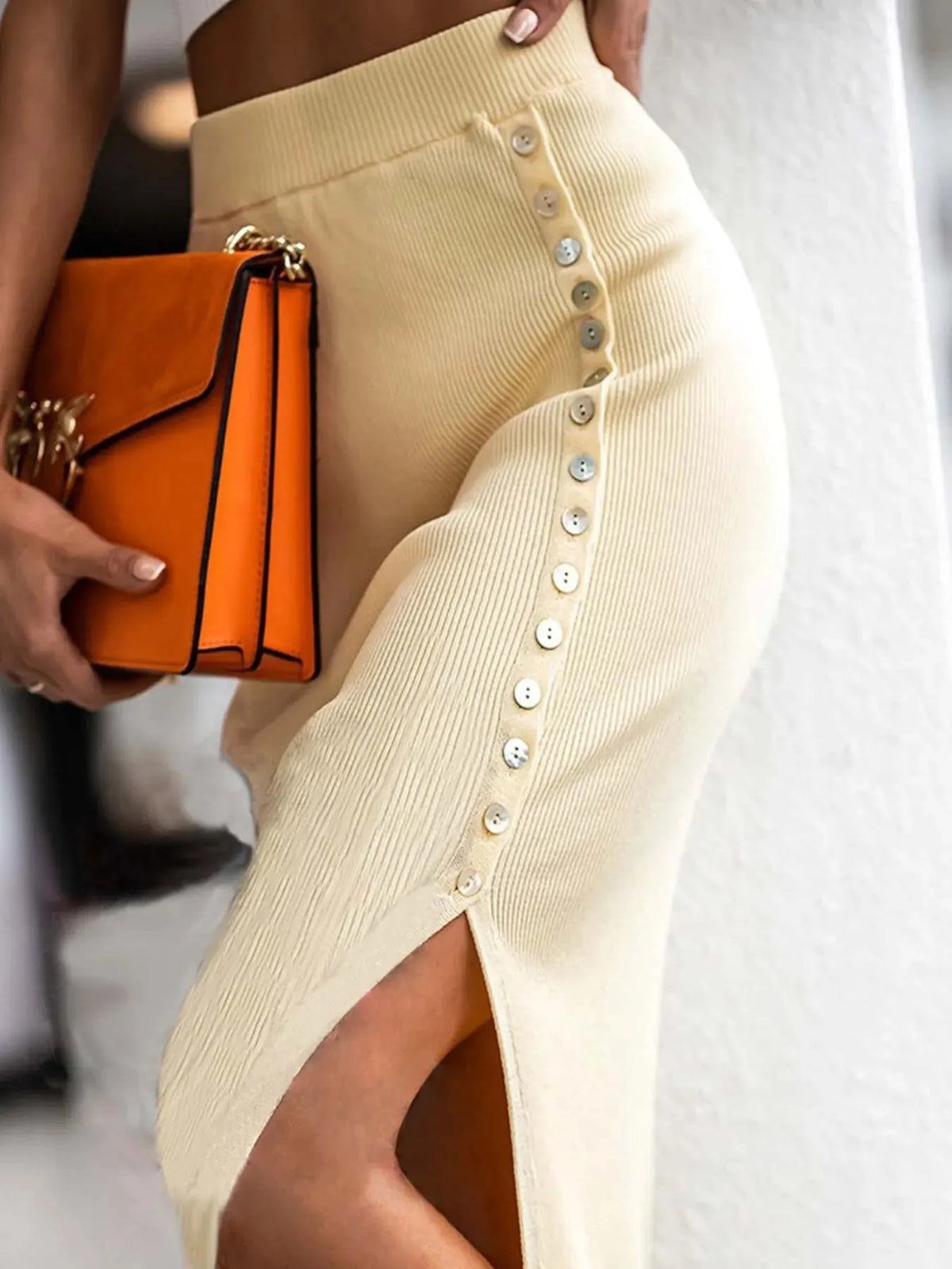 Midi Skirt Buttoned Slit Elastic Waist Trendy Party