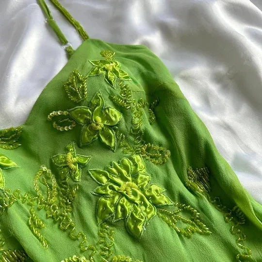 Green flowers exquisite beaded short/mid-length chiffon ruffle homecoming dress birthday party dress