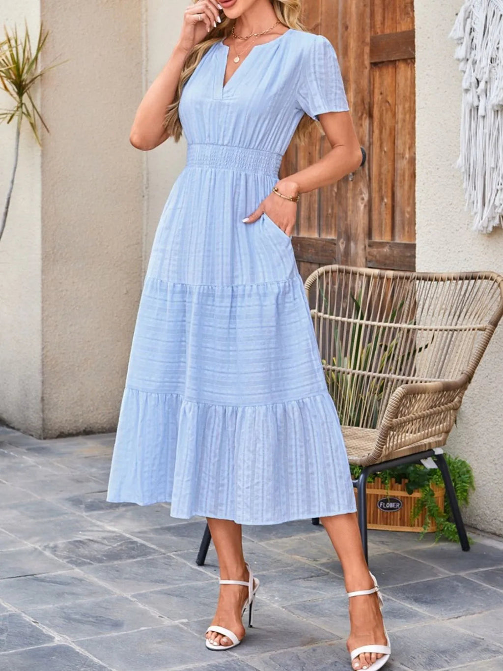Midi Dress Chic Unlined Comfort Tiered Pocketed Casual