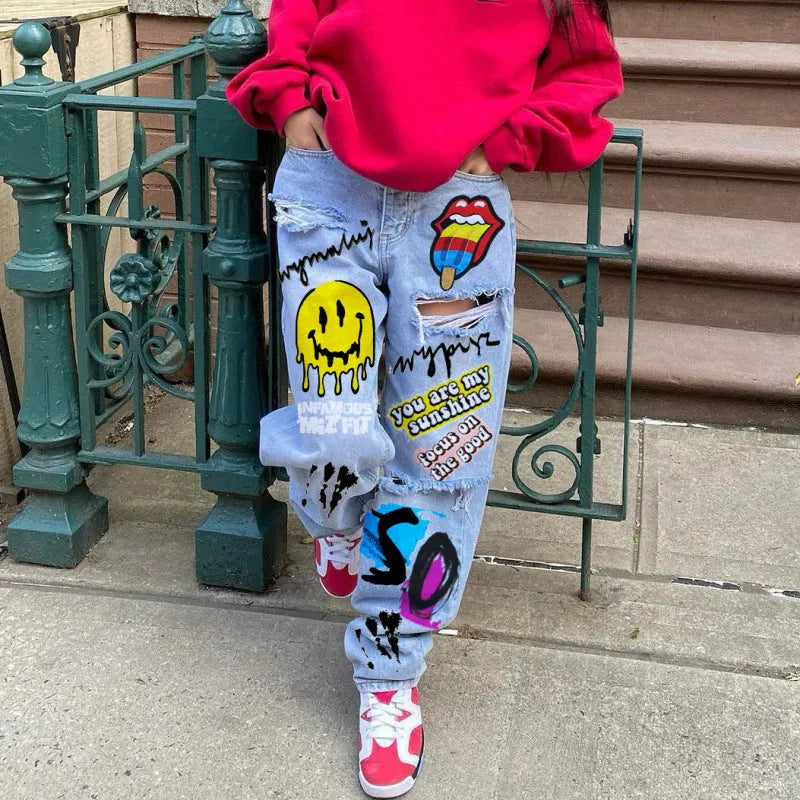 Women Casual Smiley Cartoon Print Ripped Jeans