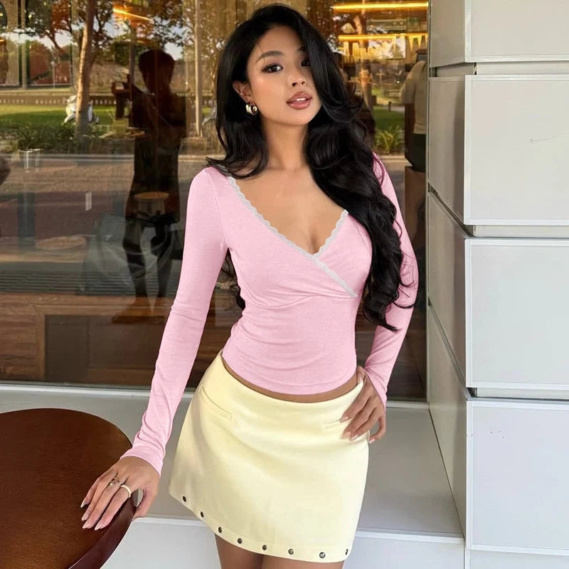 Lace Trim V-Neck Long Sleeve Top