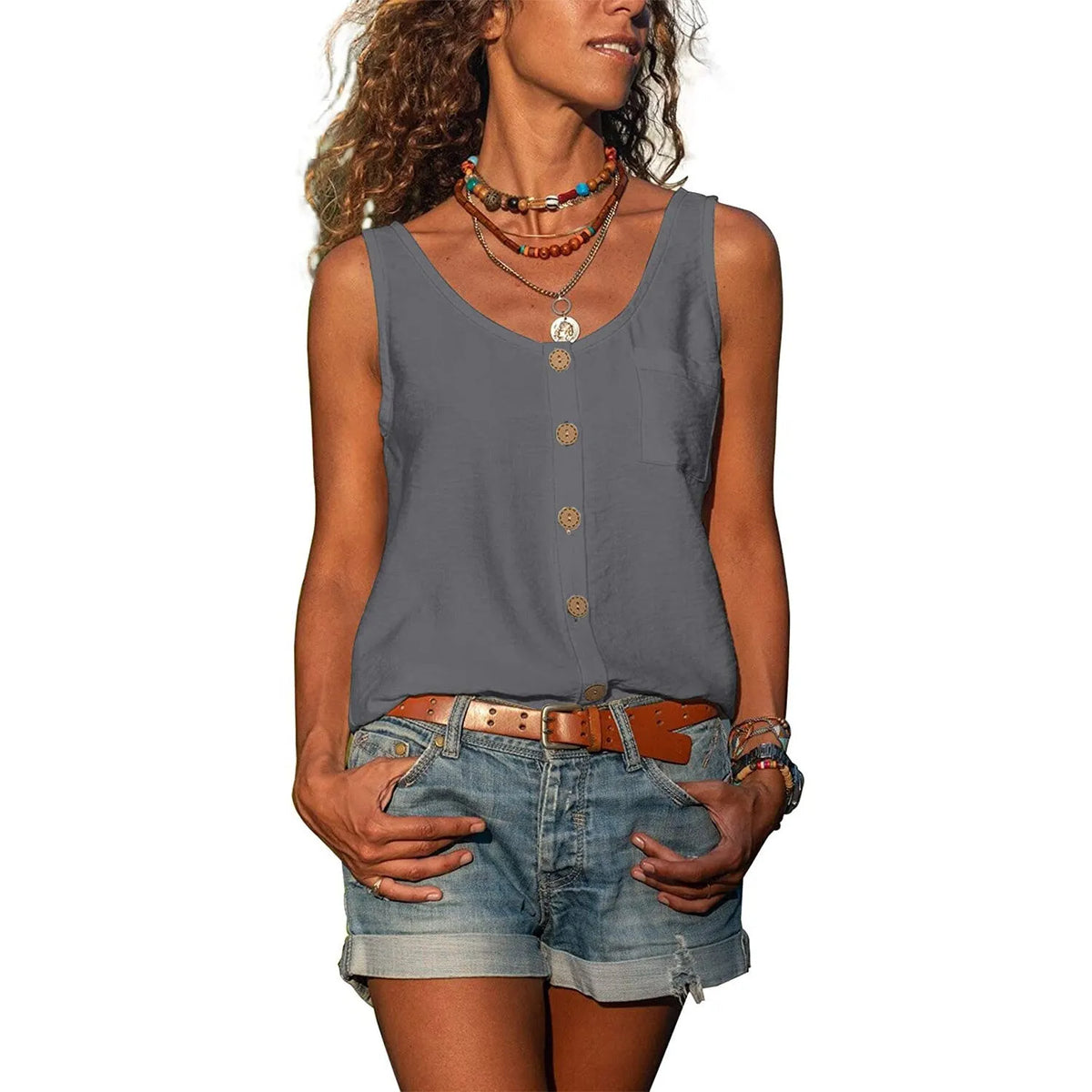 Tank Top with Buttons and Round Neck
