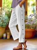 Breathable Cotton And Linen Cropped Trousers With Decorative Side Seams, Side Pockets, And A High Waist.