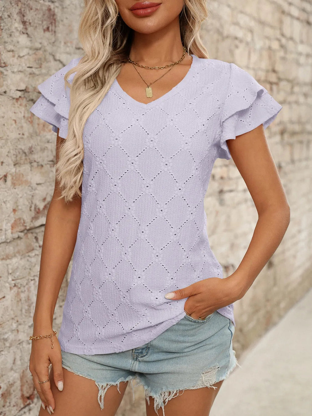 Blouse Top Boho Eyelet Ruffled Cap Sleeve Soft Knitwear