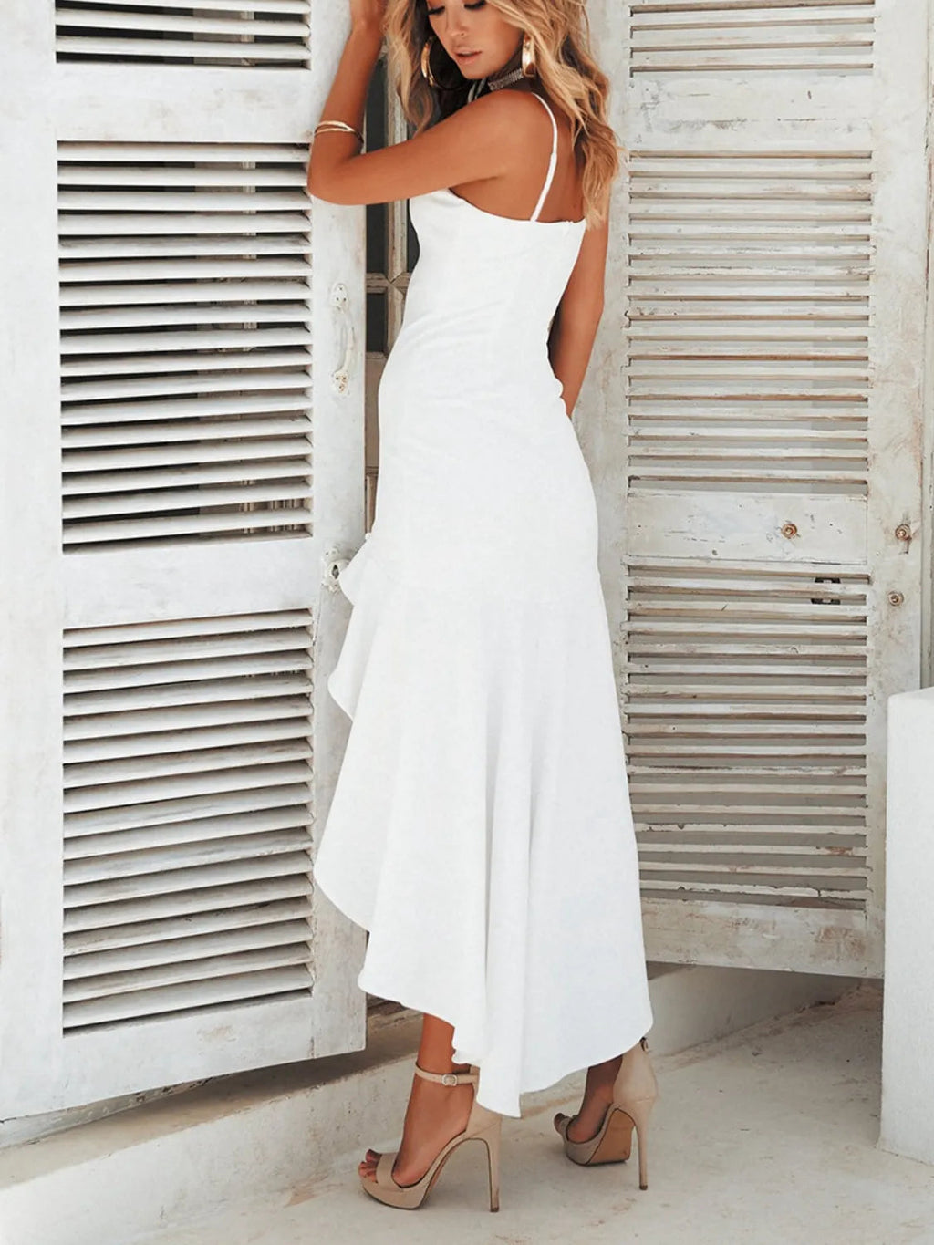 Midi Dress Cami High-Low Ruffle Slit Spaghetti Strap
