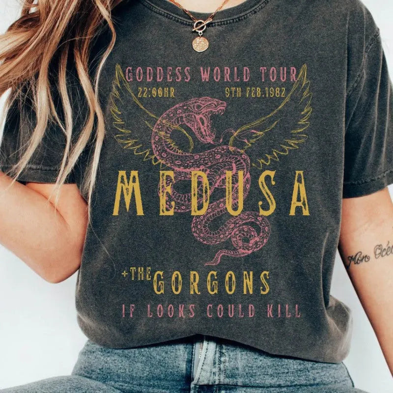 Women Casual Loose Letter Wings Snake Print Round Neck Short Sleeve T-Shirt