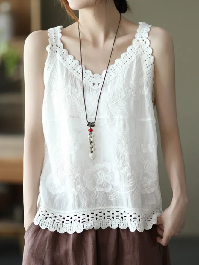 Cotton Linen Embroidered V-neck Camisole