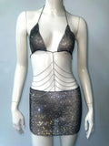 Sequins Chain Strap Halter Neck And Backless Mini&Short Dresses