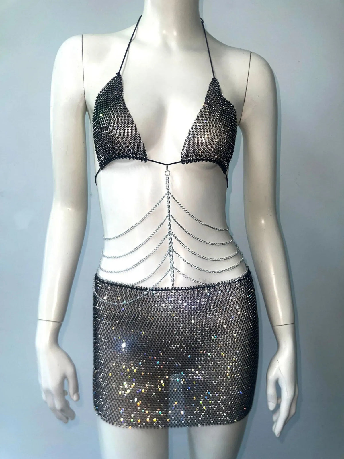 Sequins Chain Strap Halter Neck And Backless Mini&Short Dresses