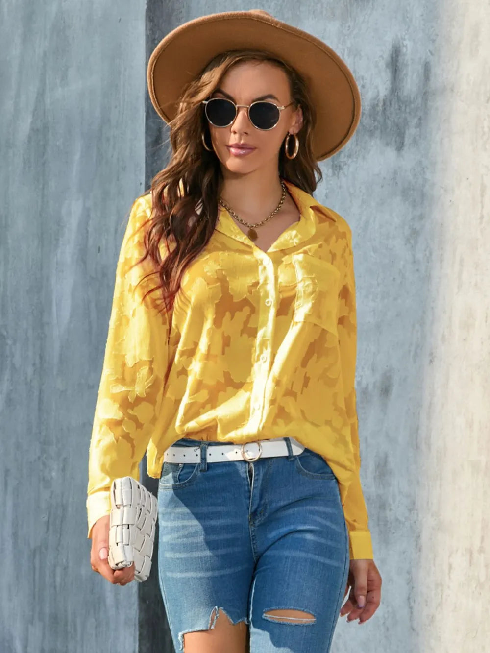 Button-Up Shirt Basic Floral Casual Collared Semi-Sheer