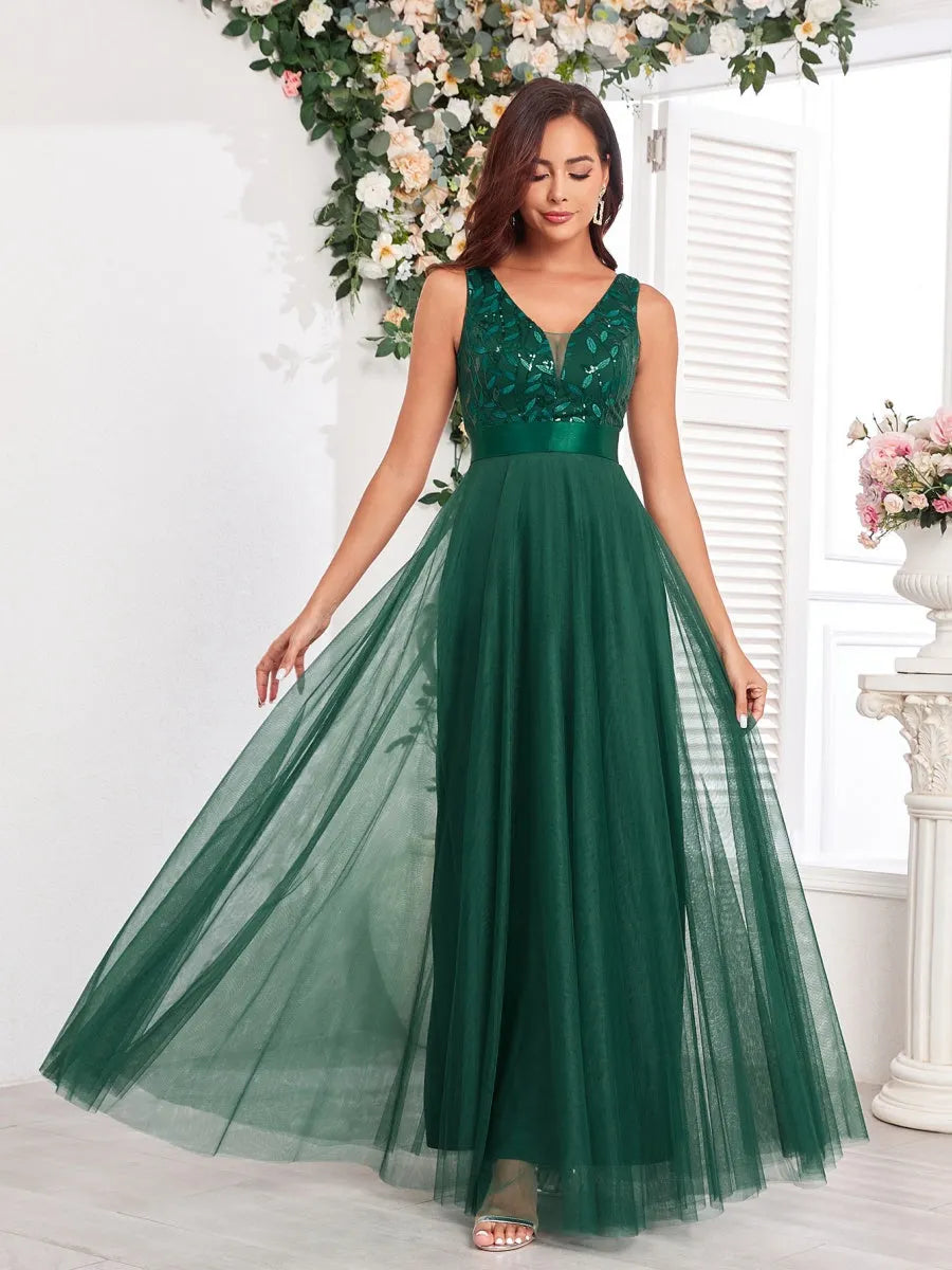 V-neck Embroidery Sequins Elegant Gauze Formal Dress Maxi Dresses