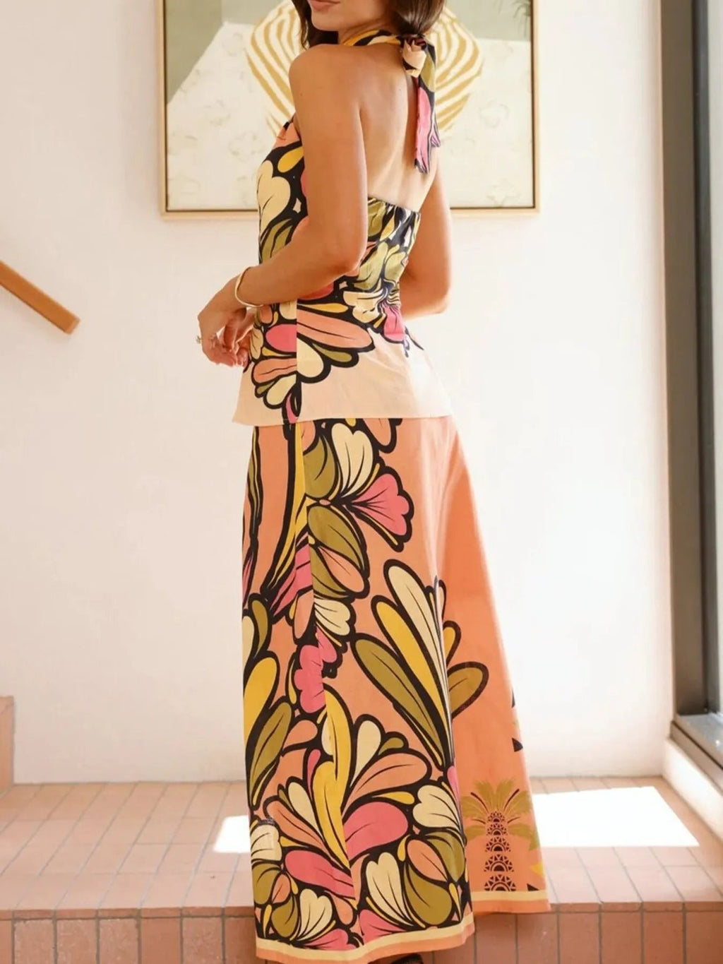Two-Piece Outfit Set Summer Halter Neck Top & Midi Skirt