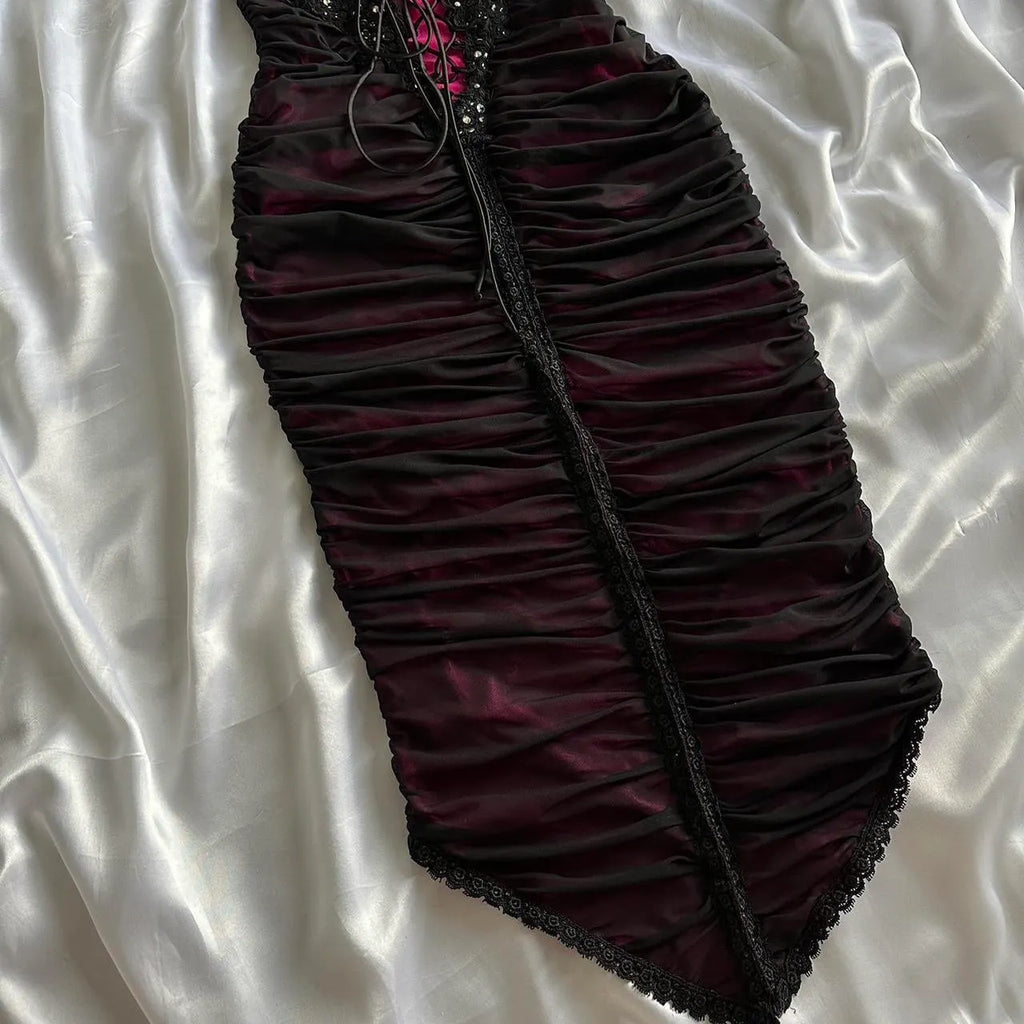 Berry pink stunning vintage fashion pleated mesh midi length elegant lace ball gown evening dress birthday party dress prom dress