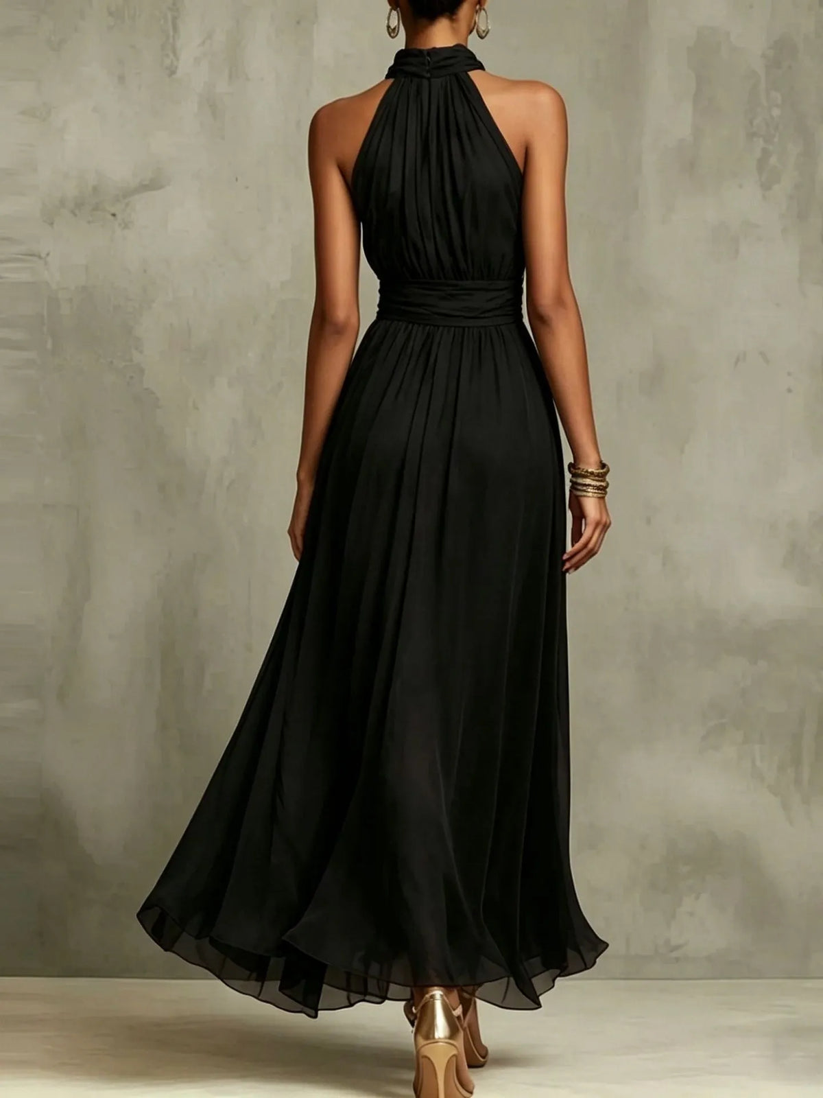 Halter Neck Solid Color Chiffon Vacation Style Waist-cinching Pleated Long Dress