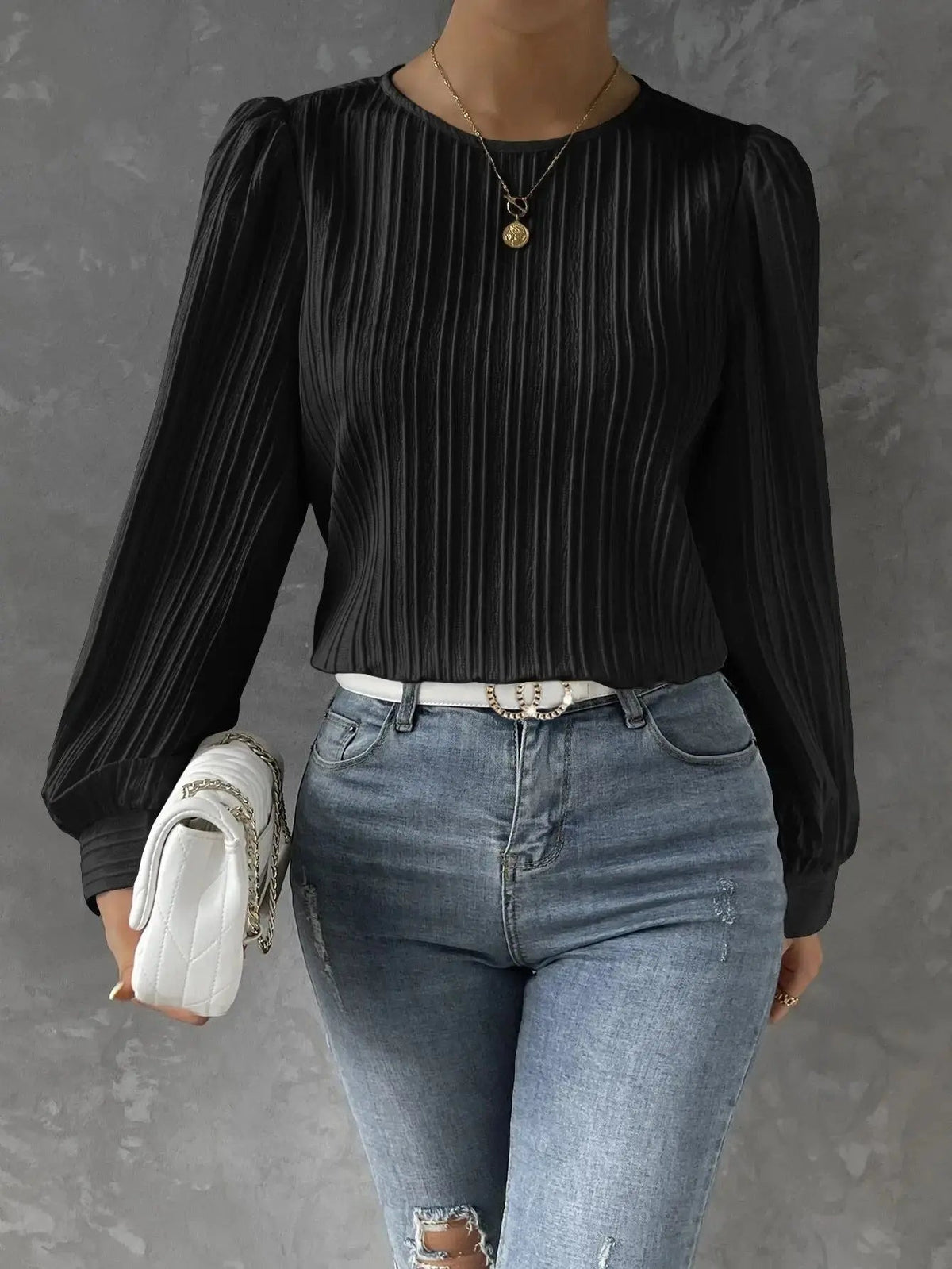 Women's Refined Pleated Blouse with Puff Sleeves