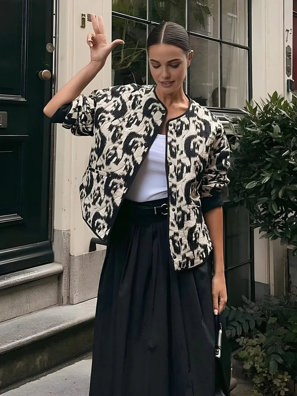 Quilted Jacket with Abstract Print and Snap-Button Closure