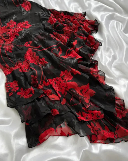 black red floral beaded long chiffon ball gown evening dress elegant chiffon birthday dress party dress