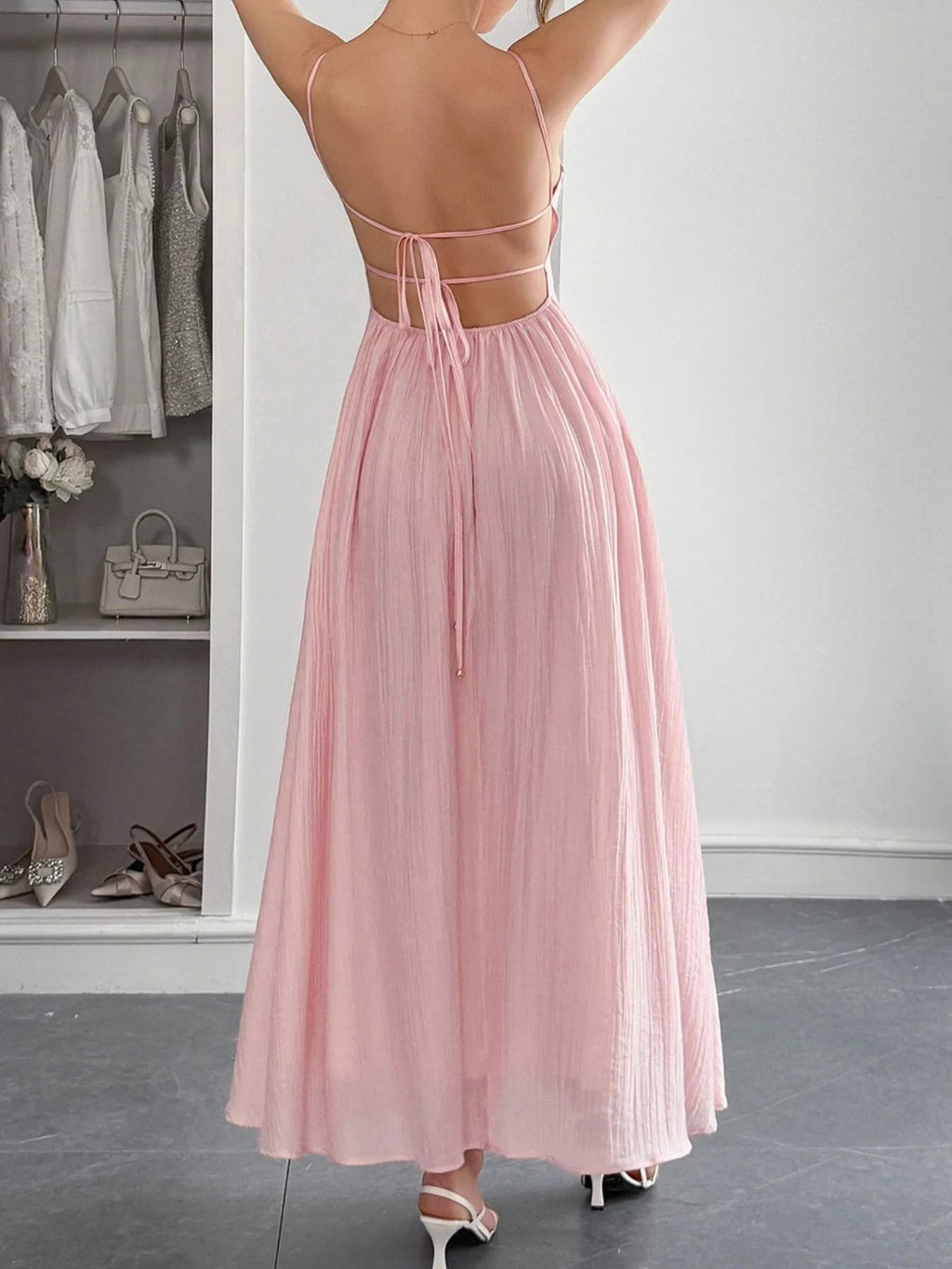 Cami Dress Ruched Backless Tied Partially Lined Casual