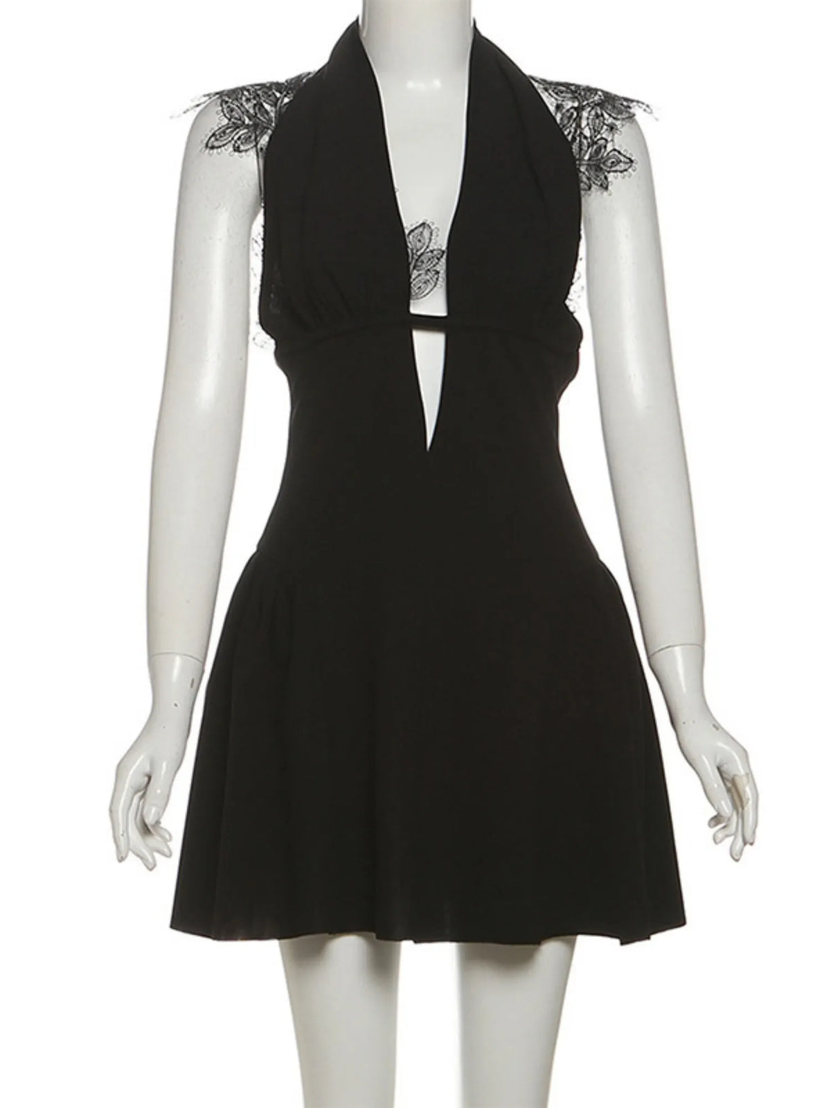 Lace Patchwork Halter Neck Deep V-neck Mini&Short Dresses