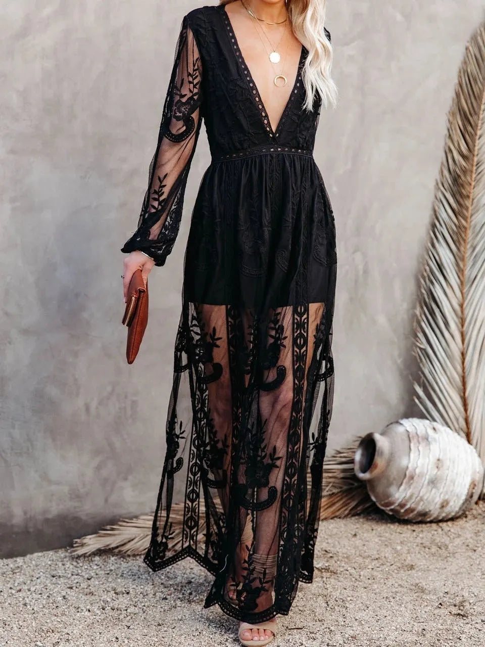 Lace Long-sleeved V-neck Solid Color Chiffon Long Dress