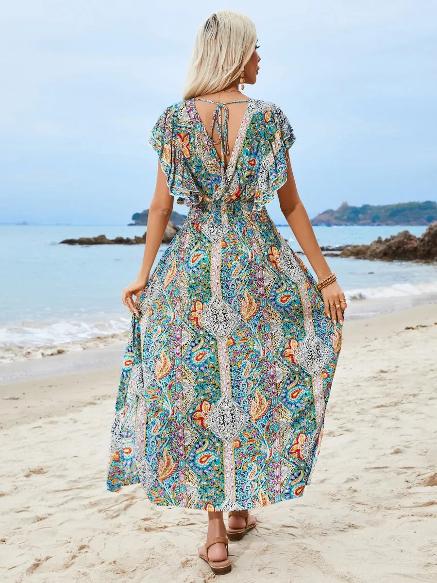 Rayon V-neck Backless Printed Ruffle Short Sleeve Slit Vacation And Leisure Maxi Dresses