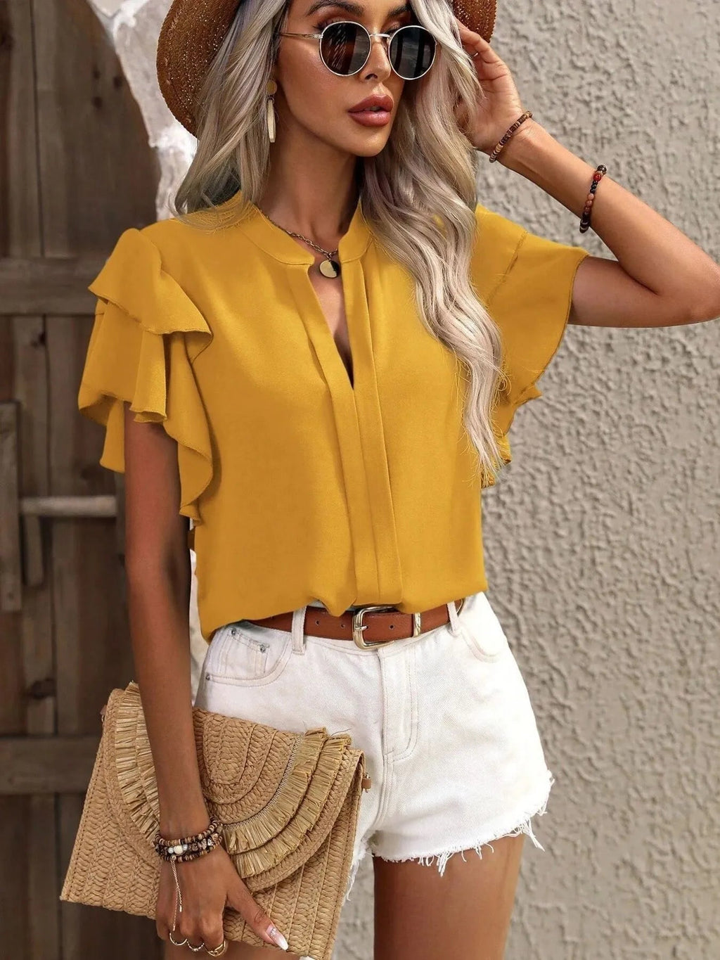 Blouse Top Ruffle Sleeve Notched Casual Elegant Business