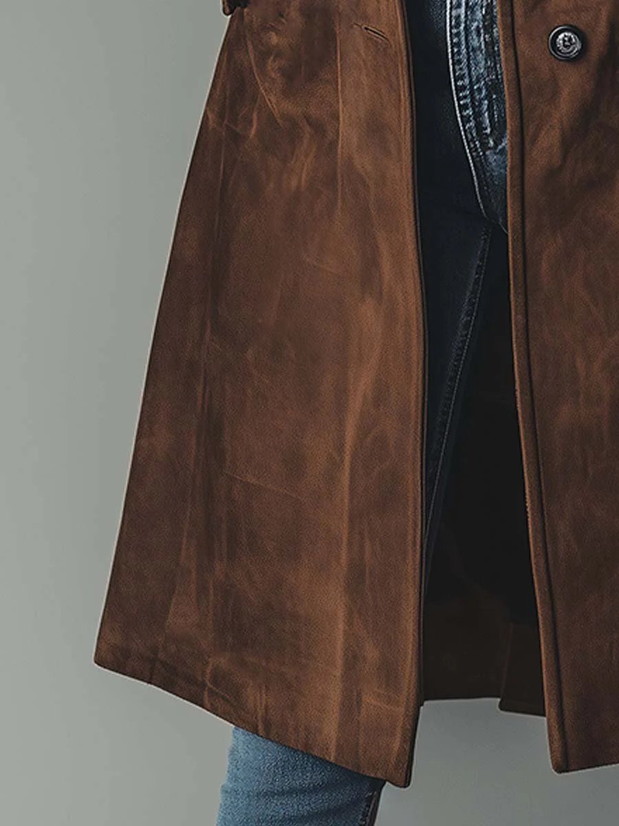 Women's Fitted Long Suede-Look Coat with Button Closure