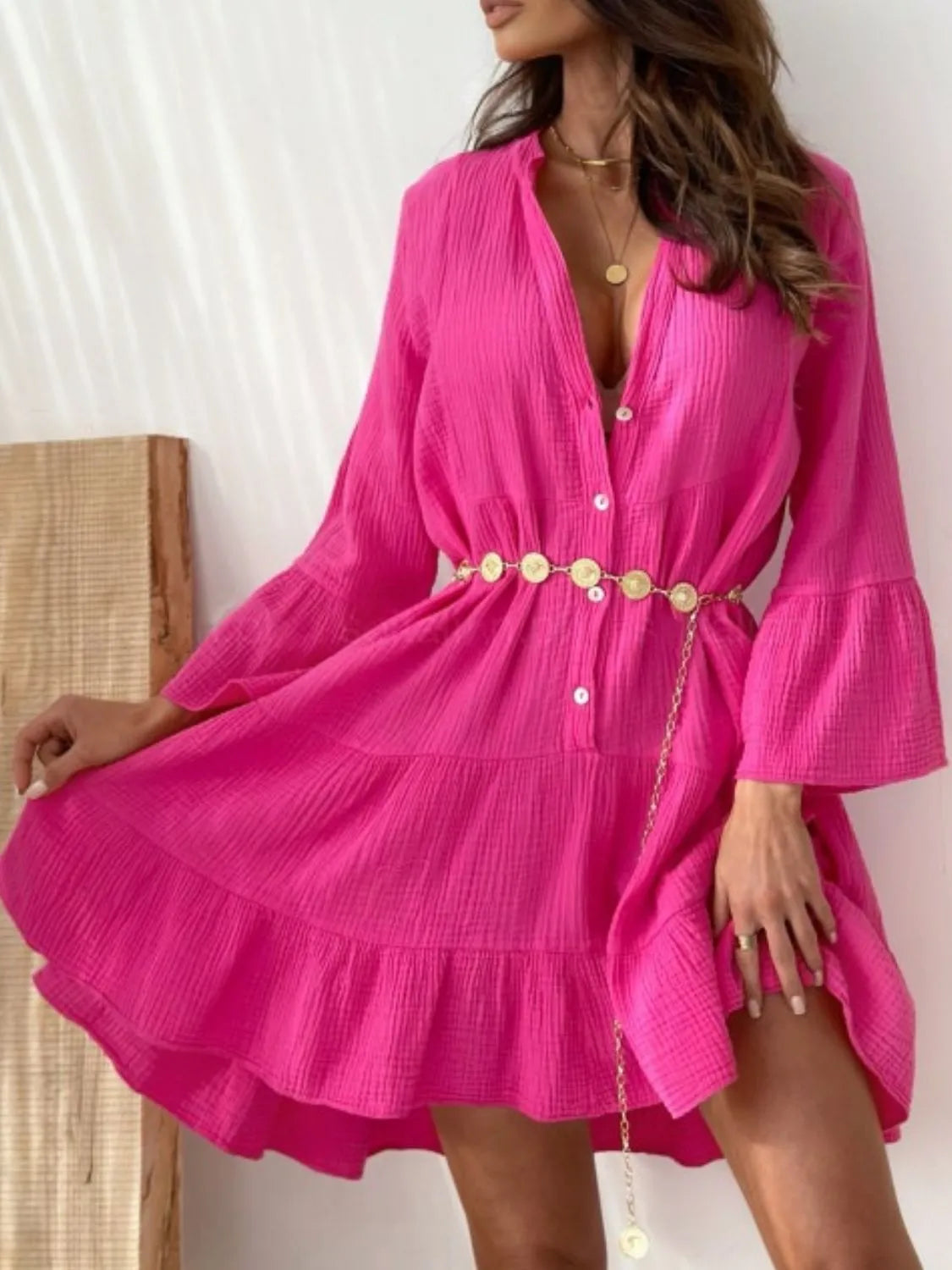 Mini Dress Button Detail Boho Tunic Notched Casual